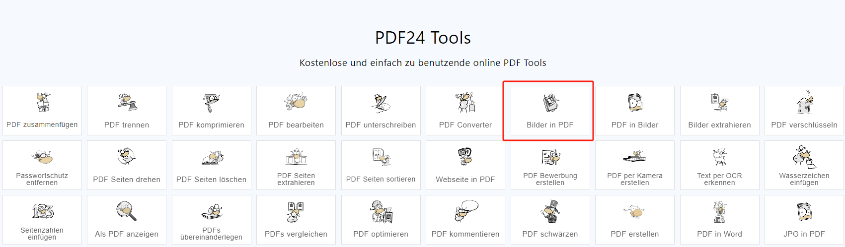 Besuchen Sie die offizielle Webseite von pdf24 und wählen Sie den „JPG in PDF“-Konverter. 