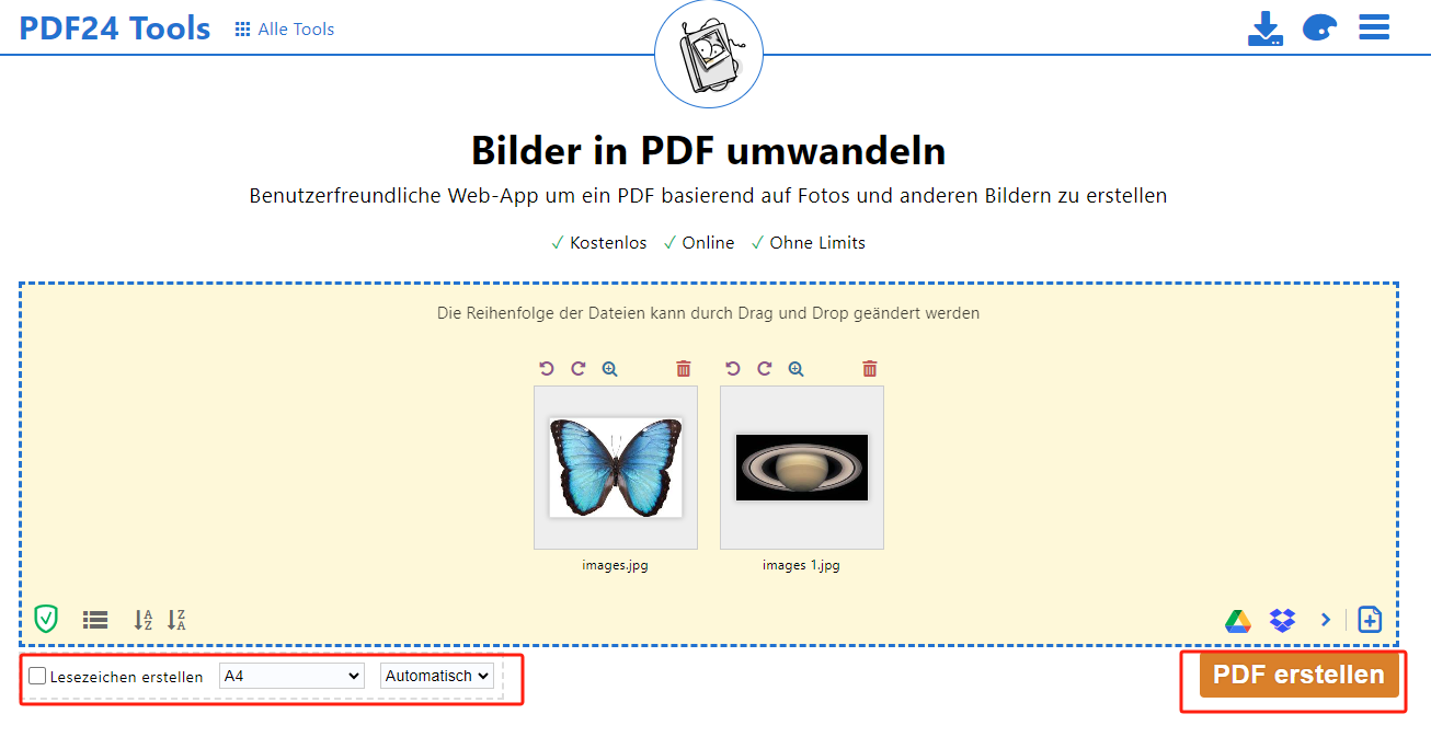 Klicken Sie anschließend auf „PDF erstellen“, um Ihre JPG-Bilder in ein PDF-Dokument umzuwandeln.