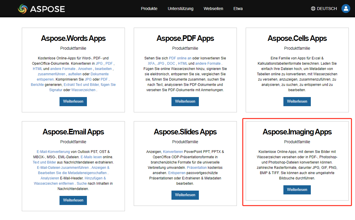 Gehen Sie zunächst auf die offizielle Website von Aspose und wählen Sie die „Aspose Imaging Apps“ aus, um die Bild-Werkzeuge aufzurufen.