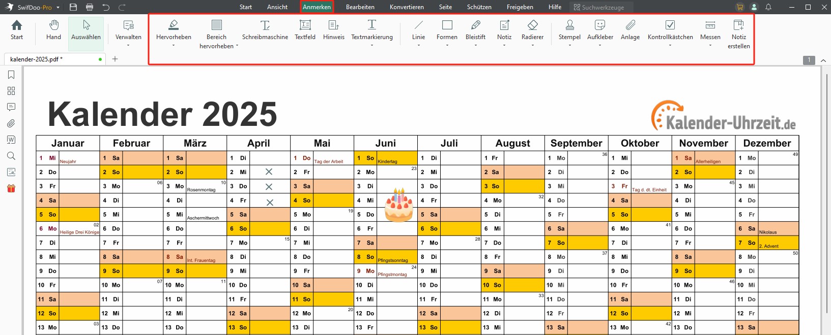 Kalender 2025 PDF bearbeiten mit SwifDoo PDF