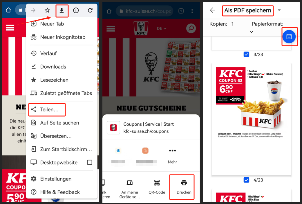 KFC Coupons als PDF auf Smartphones downloaden