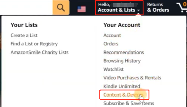Öffnen Sie die Amazon-Webseite, gehen Sie oben rechts auf Konto & Listen und wählen Sie Inhalte & Geräte;