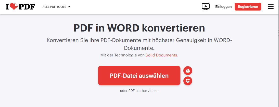 Wenn Sie die Benutzeroberfläche der PDF-in-Word Konvertierung in iLove PDF öffnen, werden Sie feststellen, dass sie sehr einfach und leicht zu bedienen ist. Es gibt nur ein paar Worte zur Beschreibung dieses Konverters und eine große rote Schaltfläche, die Ihnen beim Importieren von PDF-Dateien hilft. Ohne lästige Werbeeinblendungen oder andere unnötige Informationen, die Sie stören, können Sie direkt mit der Konvertierung von PDF in Word beginnen.