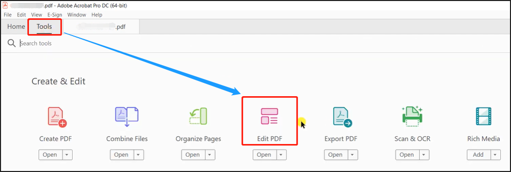 Öffnen Sie Ihre PDF-Datei in Adobe Acrobat, und wählen Sie Werkzeuge > PDF bearbeiten;