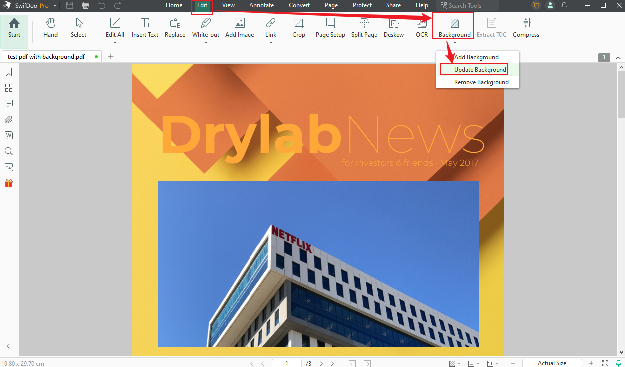 Go to the Edit tab and open the Background list to select the Update Background option in SwifDoo PDF