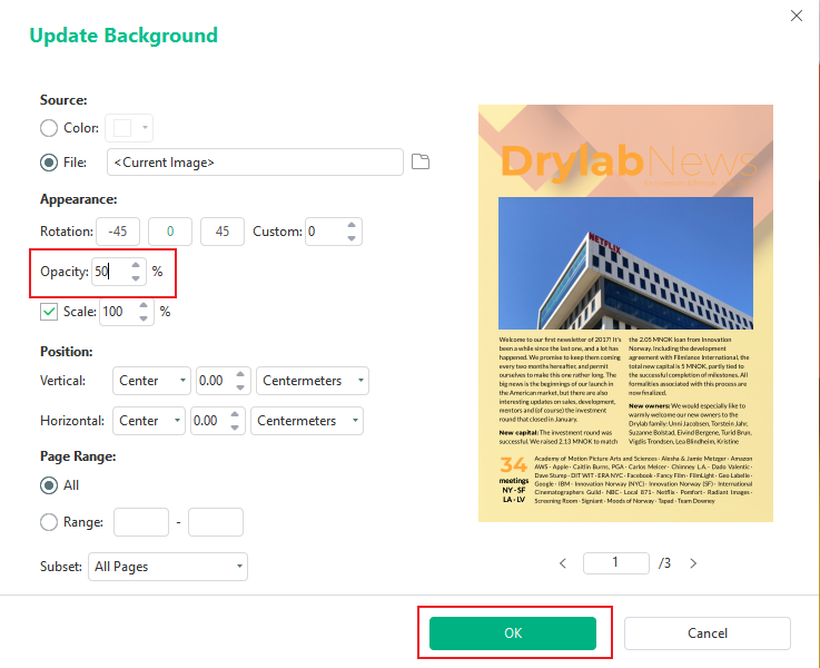 Adjust the Opacity value to make the PDF background transparent in SwifDoo PDF