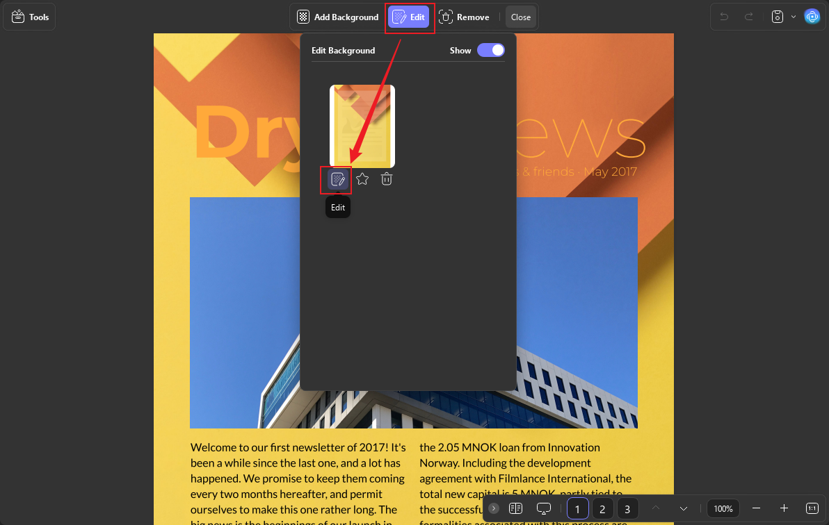 Click the Edit tab to edit the PDF background in UPDF