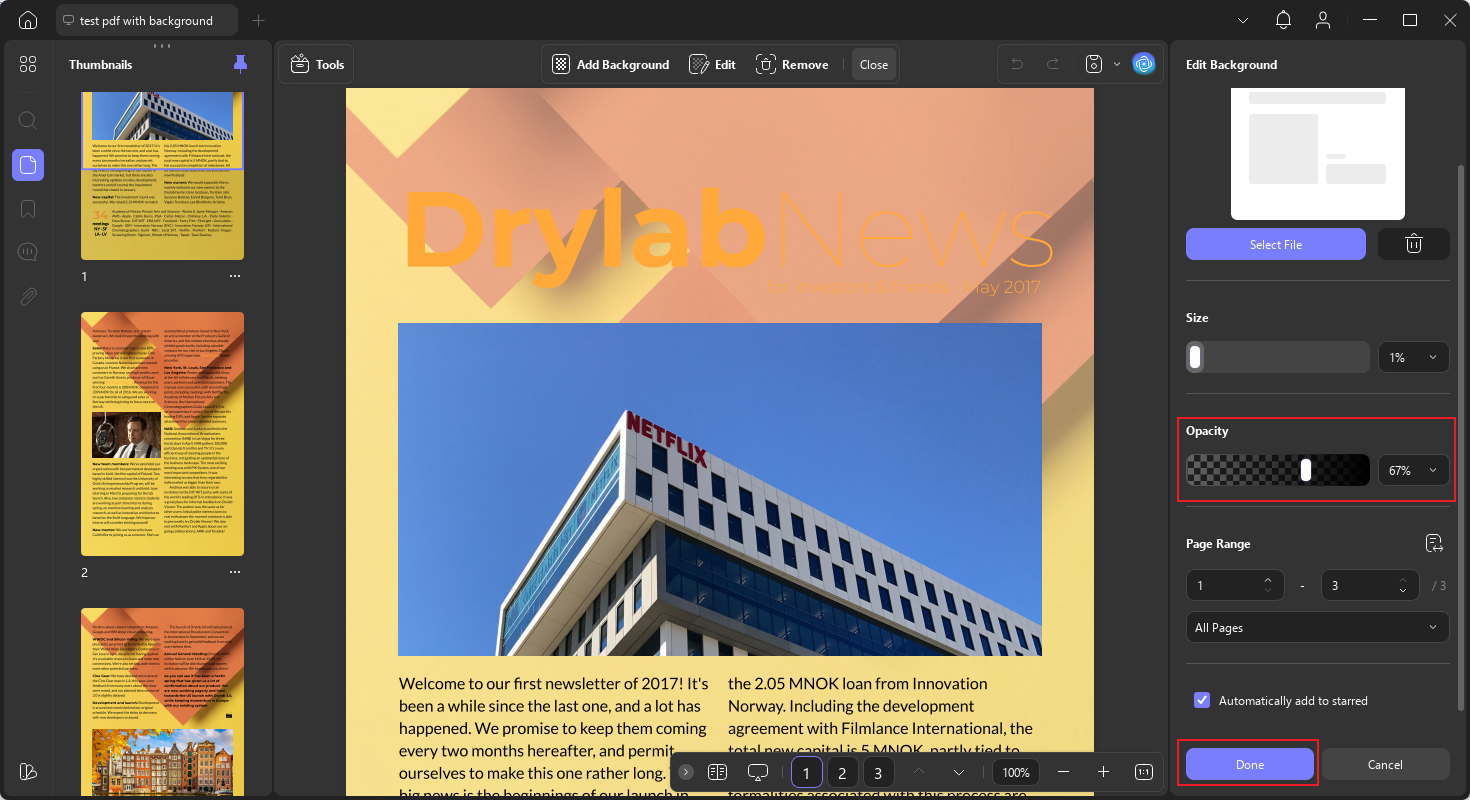 Drag the Opacity slider in UPDF to adjust the background transparency of the PDF file
