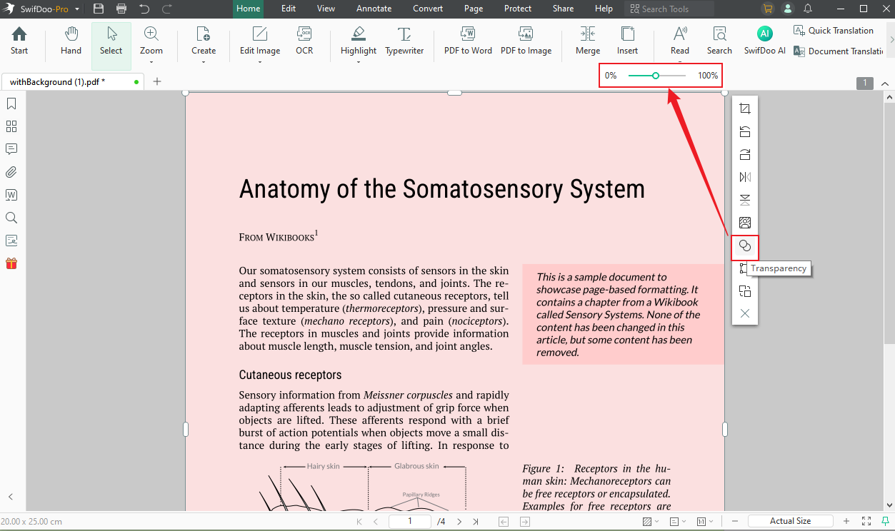 Choose the Transparency option and drag the slider to adjust the PDF background transparency in SwifDoo PDF