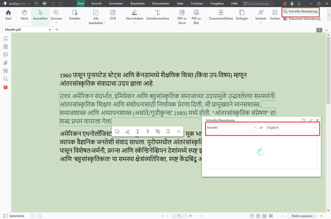 Stellen Sie Marathi und Englisch jeweilig als die Eingabe- und Ausgabesprache ein. Dann wird der ausgewählte Inhalt automatisch übersetzt.