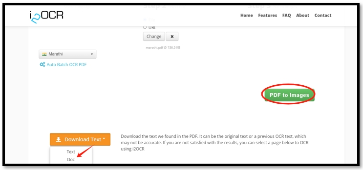 Schritt 4: Klicken Sie auf PDF in Bilder, um Ihr Marathi PDF zu OCR. Navigieren Sie zu Text herunterladen und wählen Sie Doc, um es in ein Word-Dokument zu konvertieren.