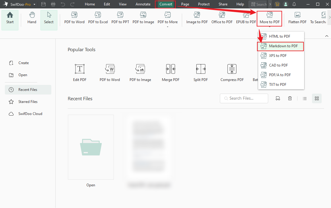 Go to Convert and choose the Markdown to PDF option from the More to PDF list in SwifDoo PDF