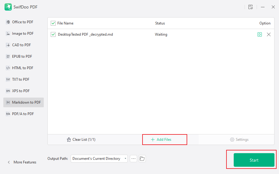 Upload the Markdown file and click Start to activate the conversion process in SwifDoo PDF