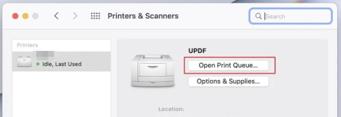 Klicken Sie auf den von Ihnen verwendeten Drucker und dann auf Druckwarteschlange öffnen