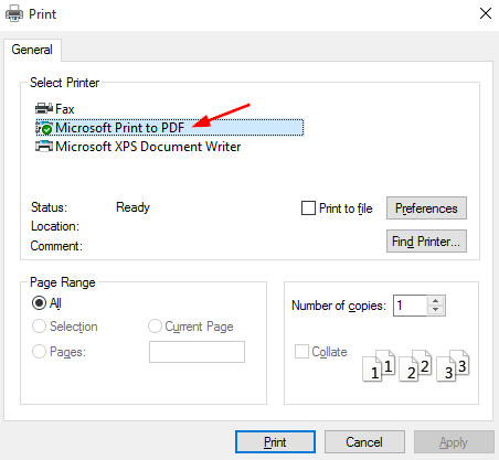 Ändern Sie unter Drucker auswählen den Drucker in Microsoft Print to PDF