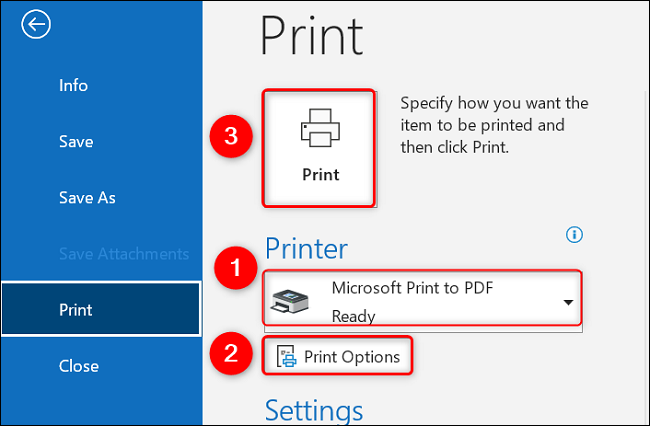 MSG to PDF using Microsoft Printer step 3
