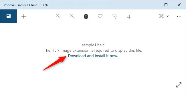 Notice When Opening HEIC Image on Windows