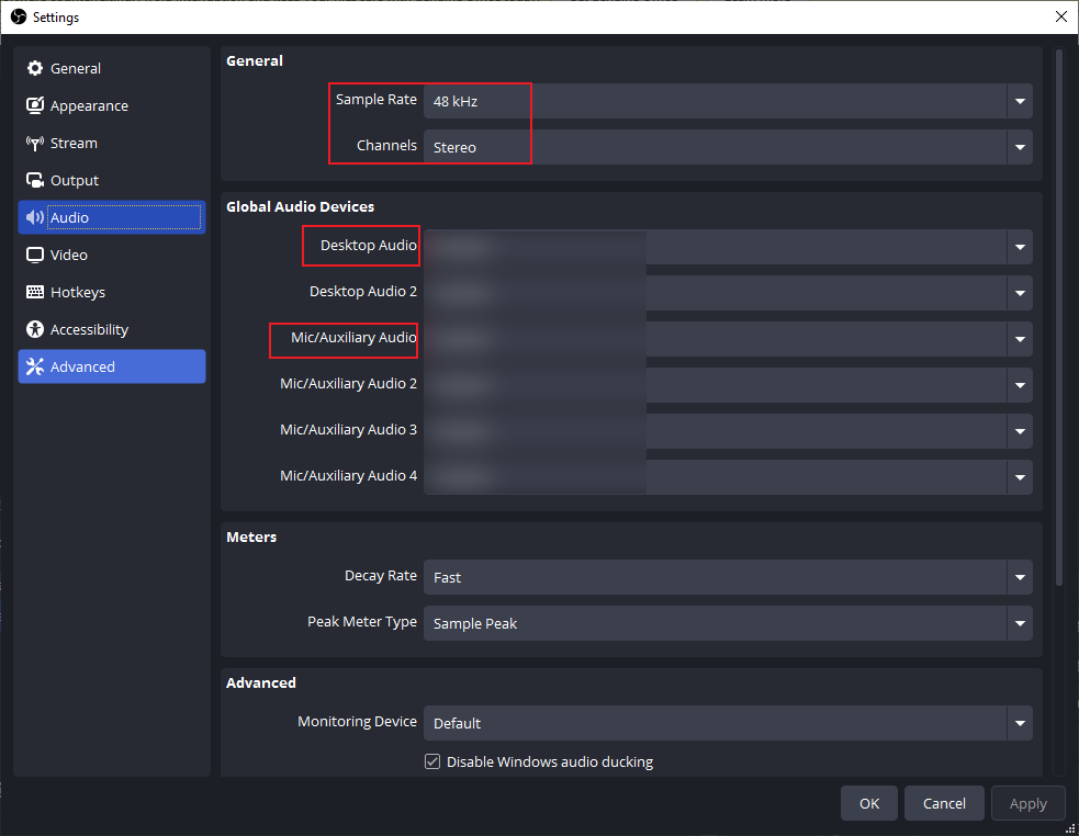 Select your devices for Desktop Audio and Mix/Auxiliary Audio in OBS