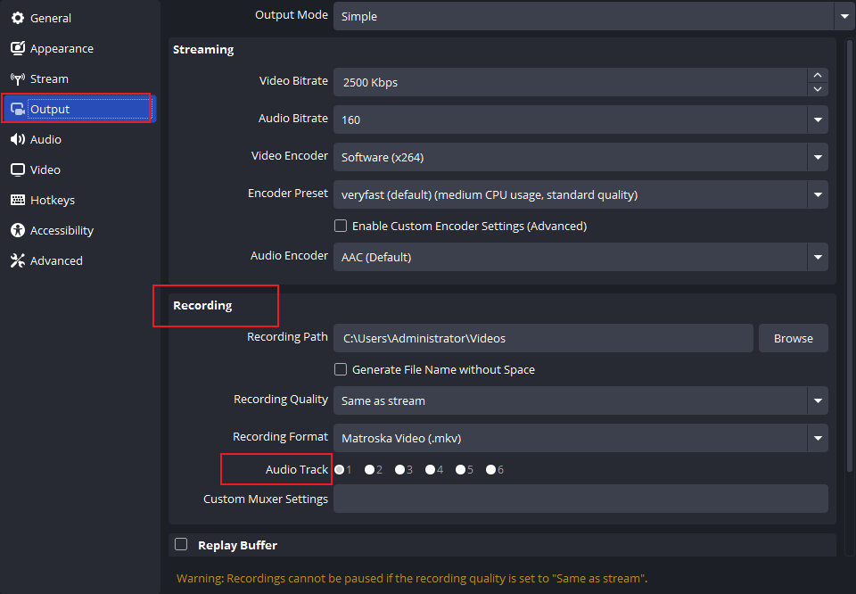 Confirm audio tracks in the Output settings of OBS