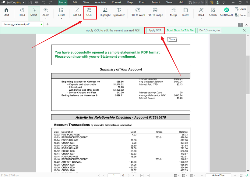 Click OCR or Apply OCR to enable the OCR feature in SwifDoo PDF