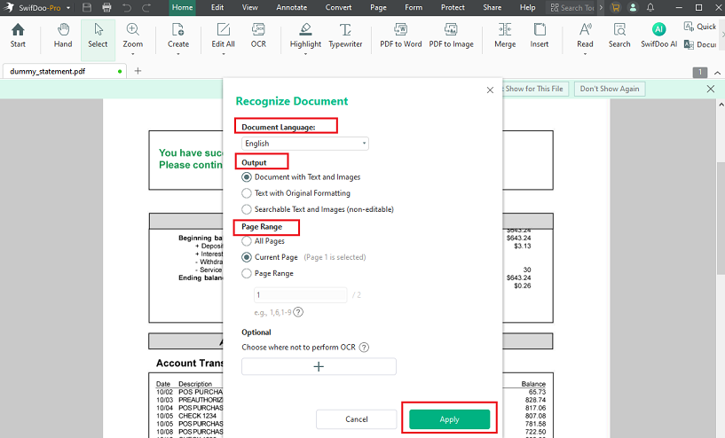 Customize the OCR settings for the PDF in SwifDoo PDF