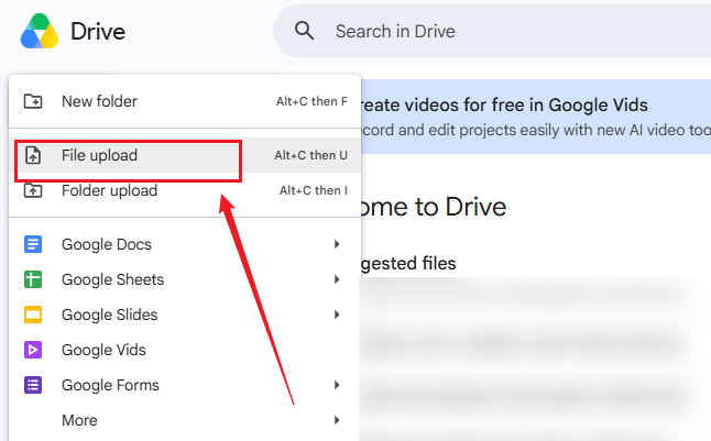 Click New and select File upload to import your bank statement into Google Drive