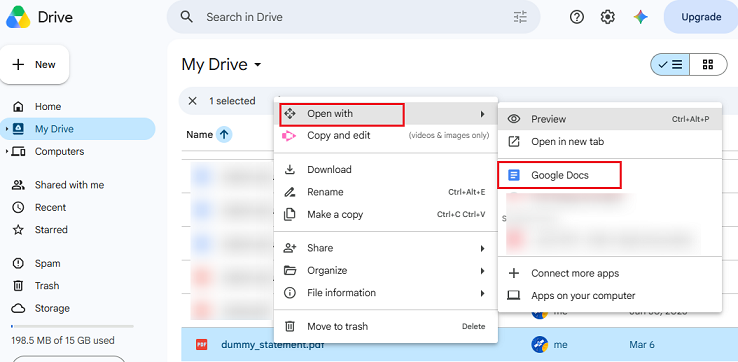 Open the uploaded bank statement in Google Docs
