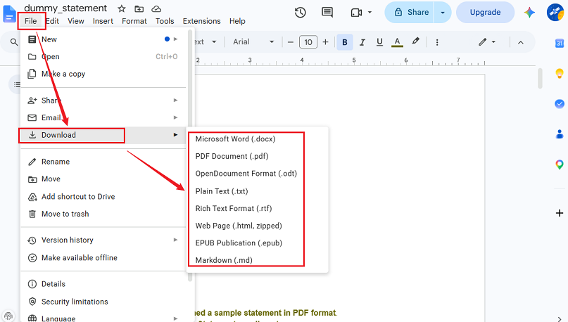 Go to File and click Download to save the searchable bank statement in Google Docs