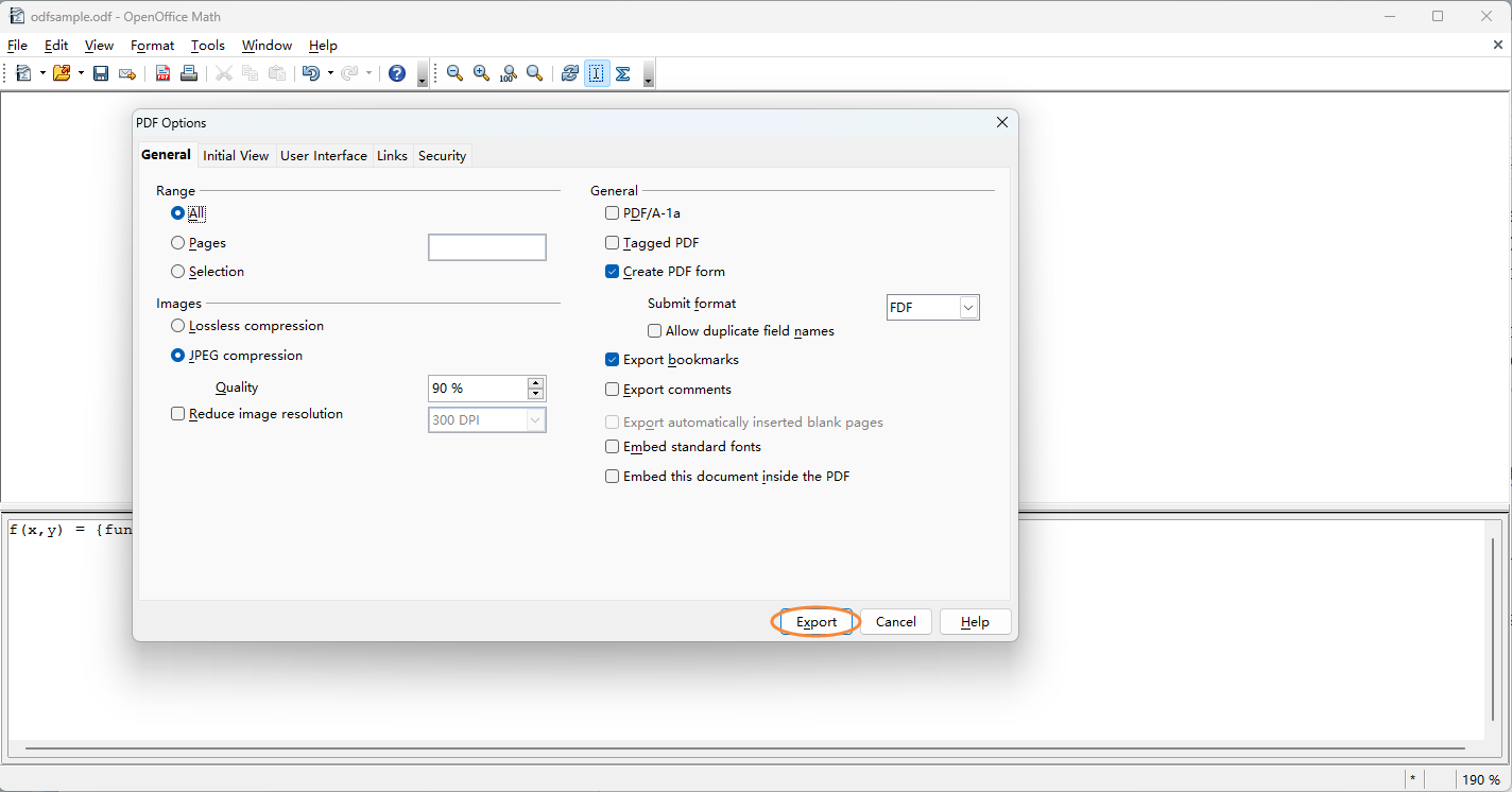 Nehmen Sie im Popup-Fenster PDF-Optionen die entsprechenden Einstellungen vor und klicken Sie auf die Schaltfläche Exportieren.