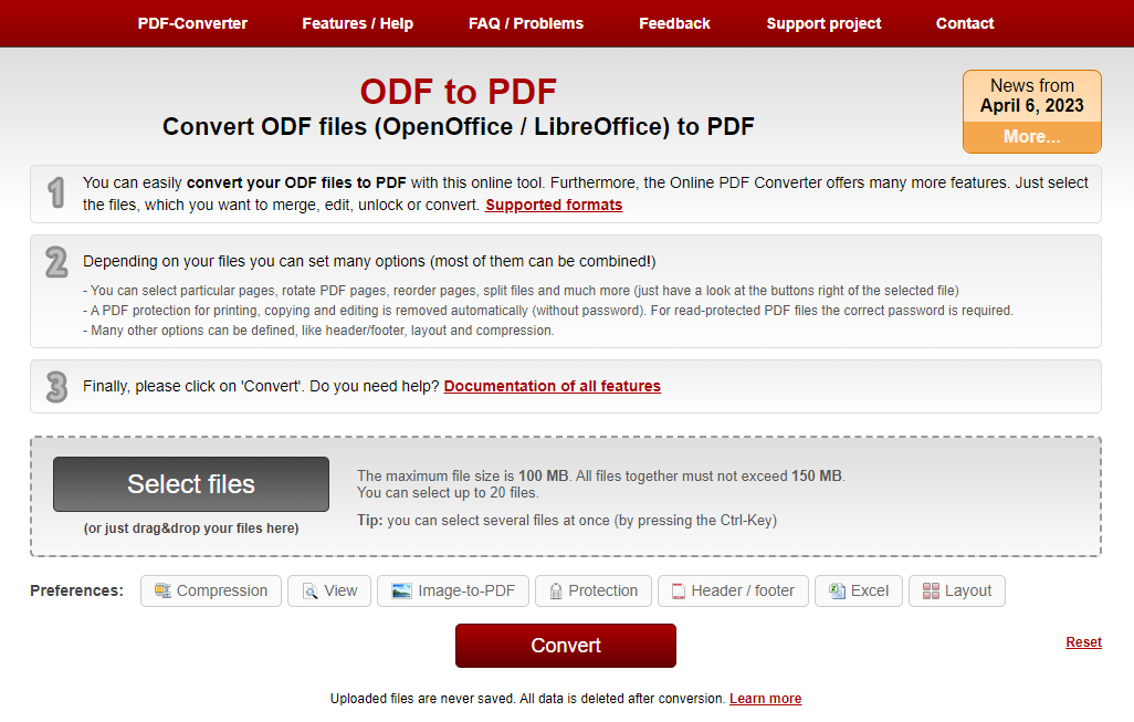 Klicken Sie auf Dateien auswählen, um Ihre ODF-Dateien von Ihrem Gerät hochzuladen.
