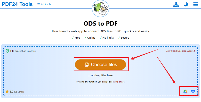 Click Choose files to import the target ODS file into PDF24