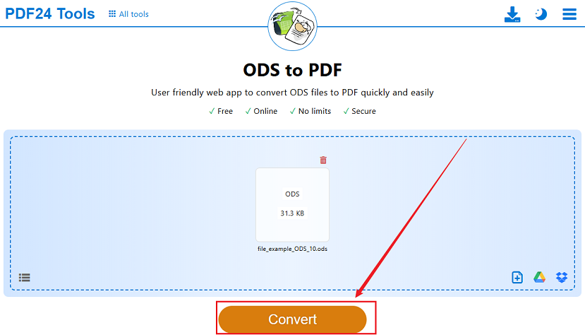Click Convert to start the ODS to PDF conversion in PDF24
