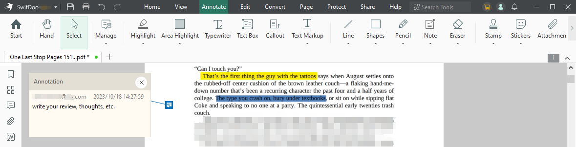 Read and Annotate One Last Stop PDF with SwifDoo PDF