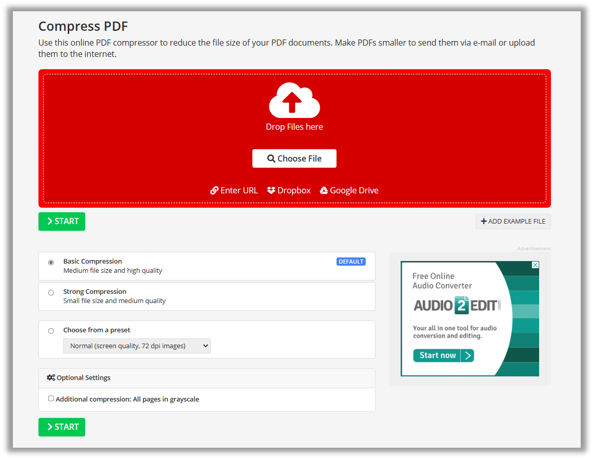 Online PDF optimizer tool Compress2Go