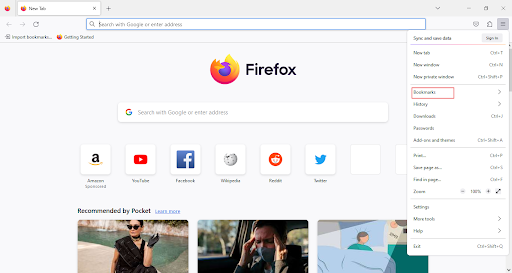 Open Bookmarks on Firefox