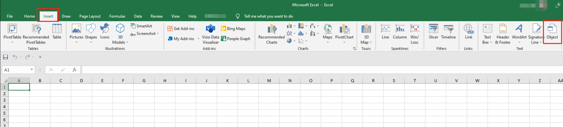 Open PDF in Excel by inserting an object step 1