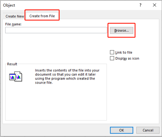 Open PDF in Excel by inserting an object step 2