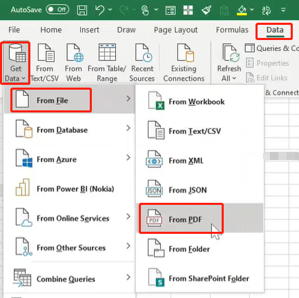 表を開いて Excel で PDF を開く