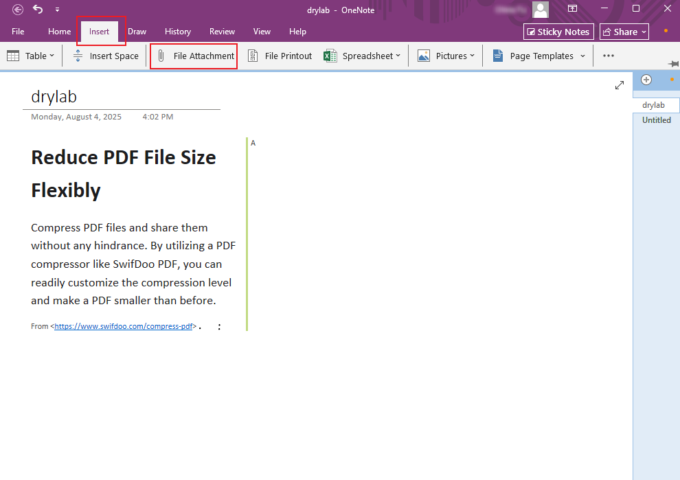 Choose the File Attachment option from the Insert menu in OneNote