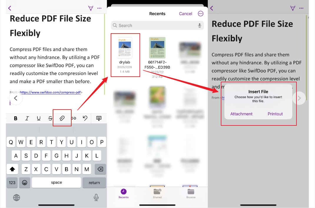 Tap the Paperclip icon in OneNote and choose to open a PDF in OneNote