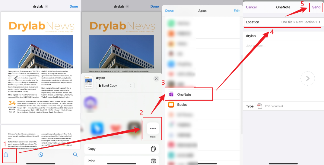 Tap the Share icon to choose OneNote and choose the target note page you want to open the PDF