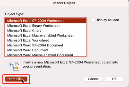 Open PDF in PowerPoint by inserting an object step 2