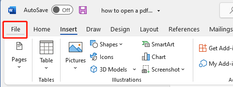 Open PDF in Word file tab