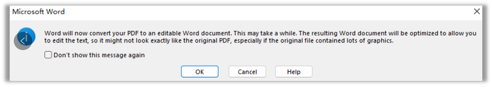 The popup of opening a PDF in MS Word 