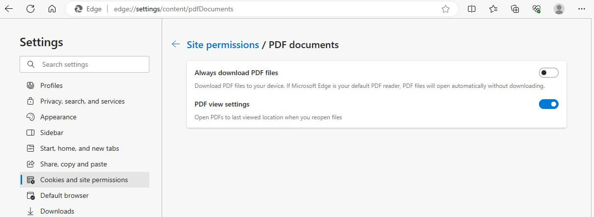 Windows Edge PDF Setting