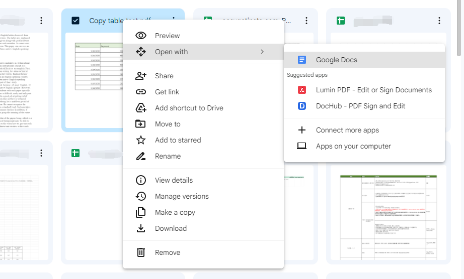 Open PDFs in Google Docs