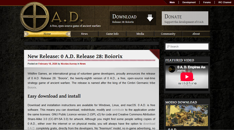 The website page of 0 A.D.