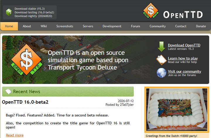 The website page of OpenTTD