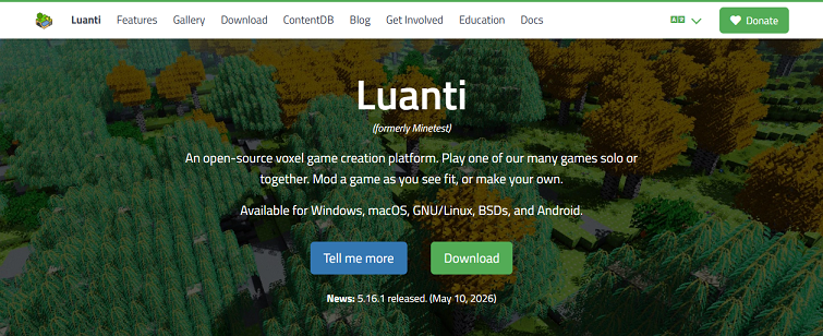 The website page of Luanti