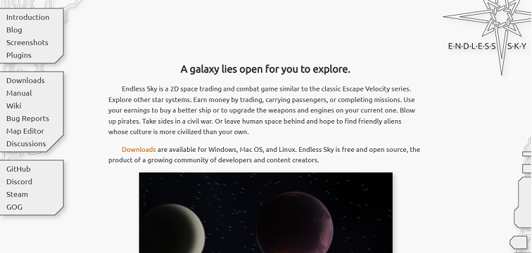 The website page of Endless Sky